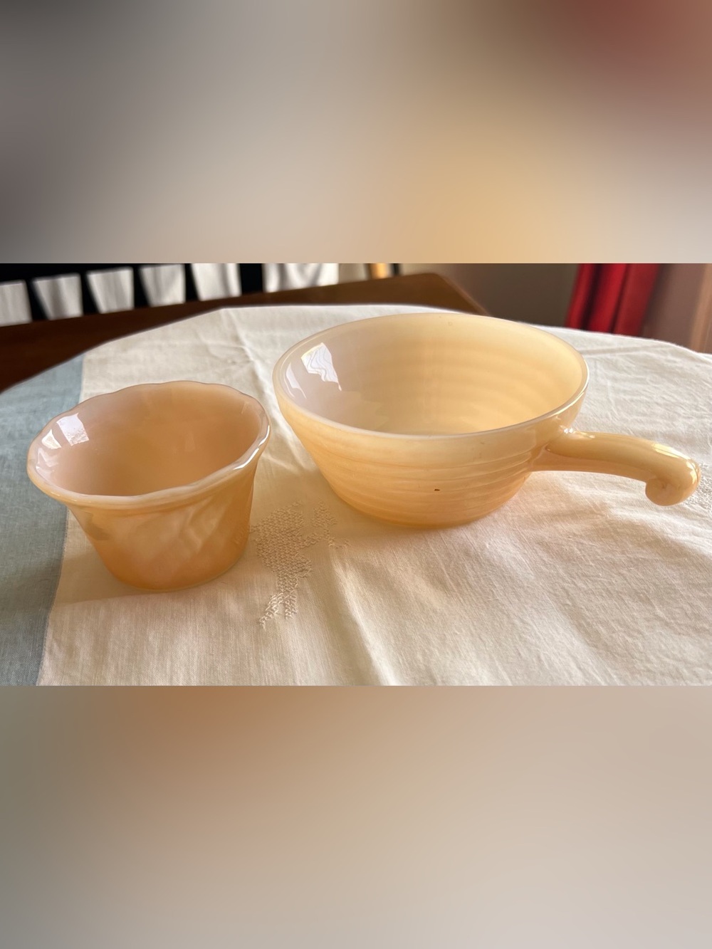 Vtg Fire King Peach Lustre Lot Handled Soup Bowl Swirl Scalloped Custard Cup MCM